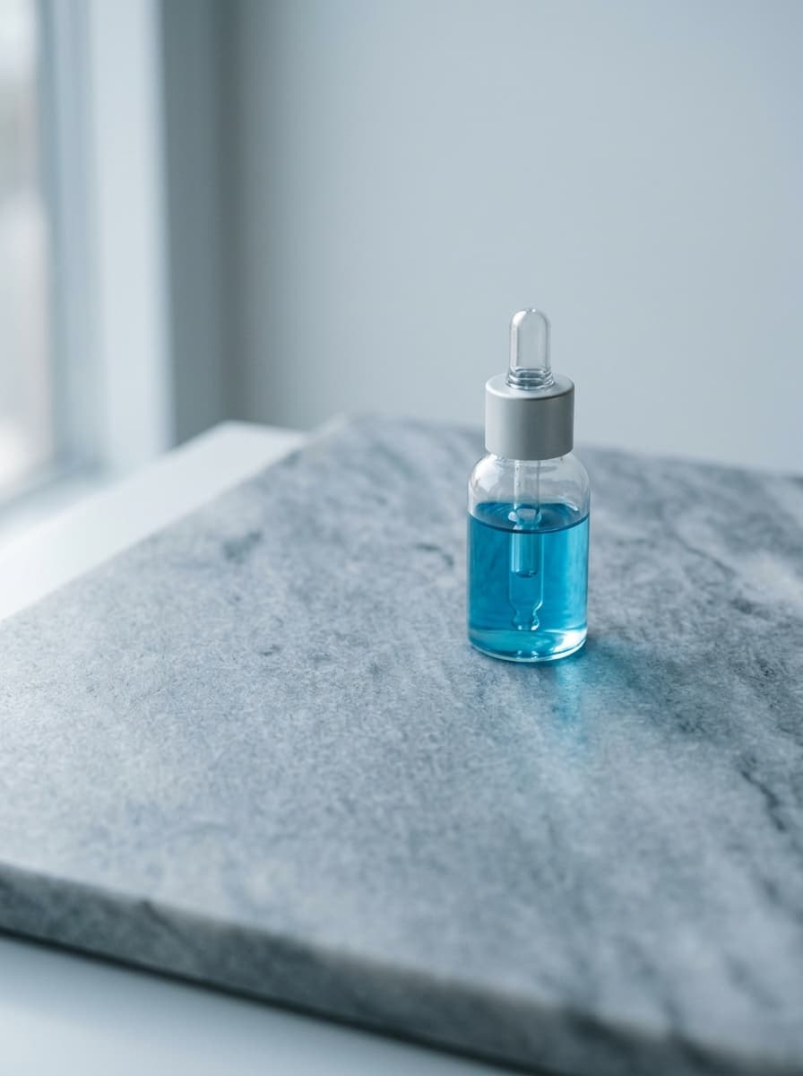 Blue serum vial on marble — peptide protocol