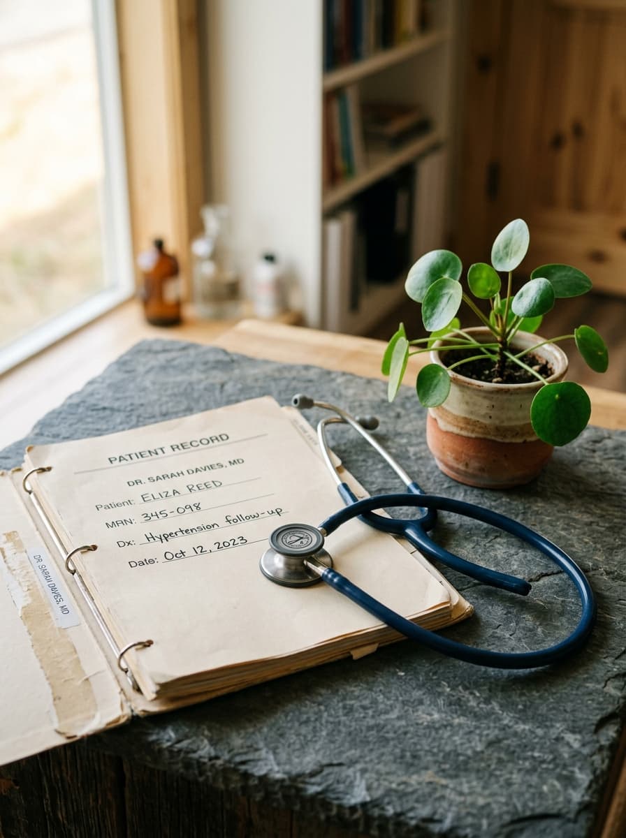 Patient chart and stethoscope still life
