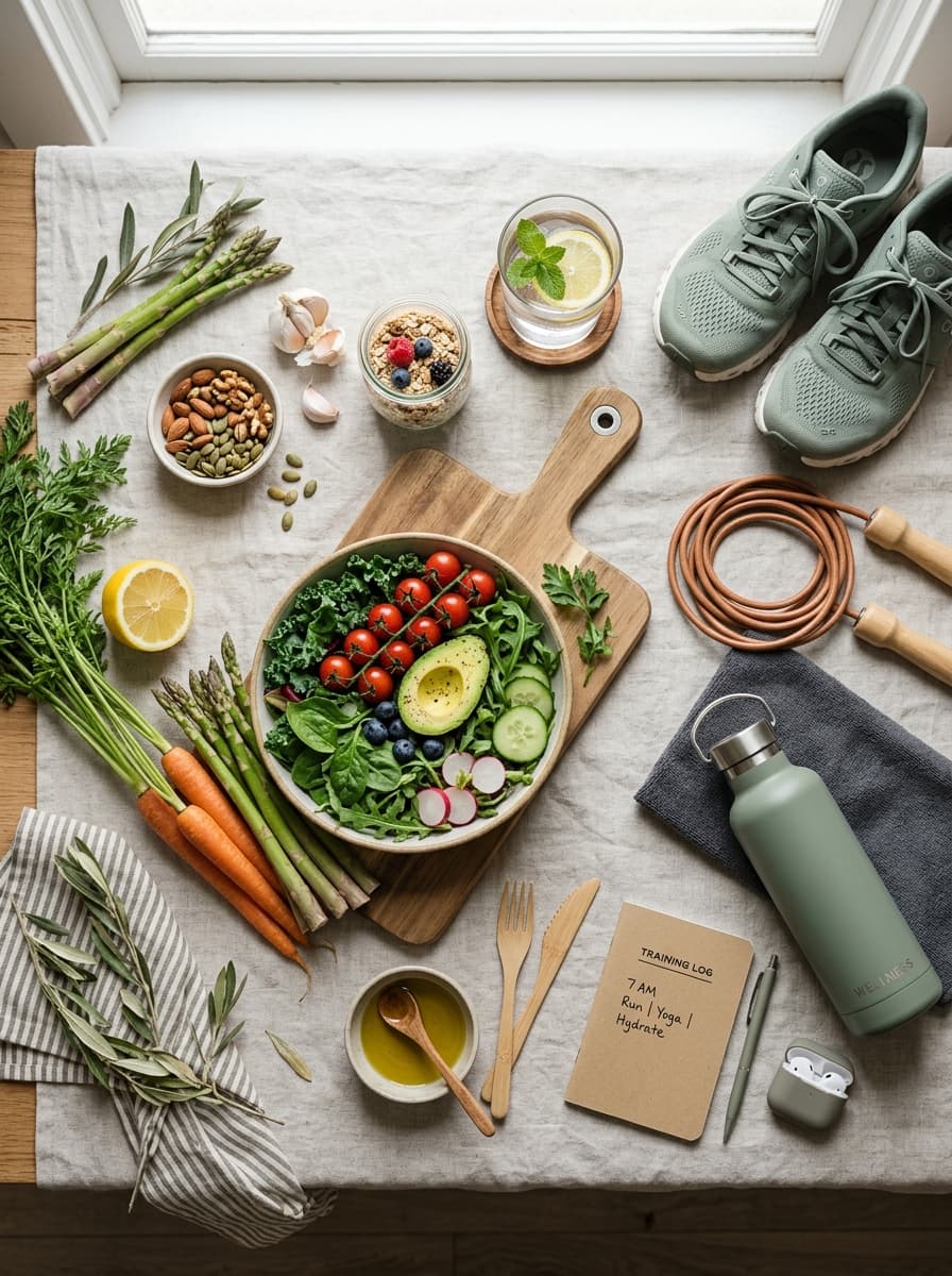 Fresh whole foods and training gear — metabolic and body composition